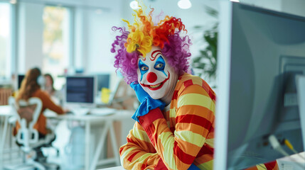 Clown sits at a computer at the office