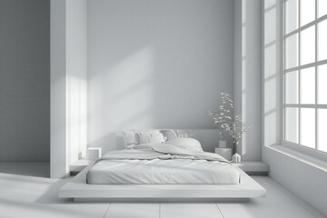 3D scene of a minimalist bedroom with a low-profile bed and monochromatic color scheme , created by ai