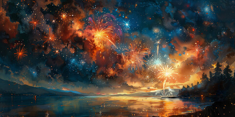 Fototapeta premium 夜空に広がる花火の水彩画