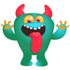 Cartoon happy monster with long tongue sticking out of the mouth.  Vector illustration isolated on white. For Halloween party or package design