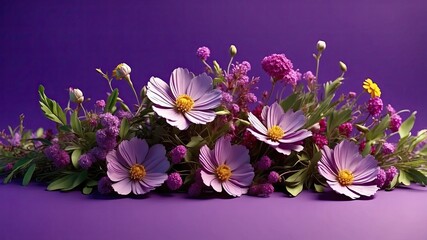 Fototapeta premium 8K Ultra HD detailed. 3D realistic wildflowers in purple background with empty space text