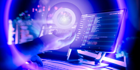 Cybersecurity concept. Programmer updates software, system upgrade