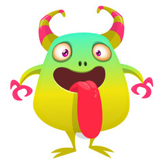 Cartoon happy monster with long tongue sticking out of the mouth.  Vector illustration isolated on white. For Halloween party or package design