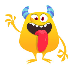 Cartoon happy monster with long tongue sticking out of the mouth.  Vector illustration isolated on white. For Halloween party or package design