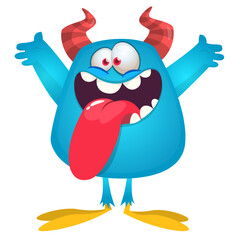 Cartoon happy monster with long tongue sticking out of the mouth.  Vector illustration isolated on white. For Halloween party or package design