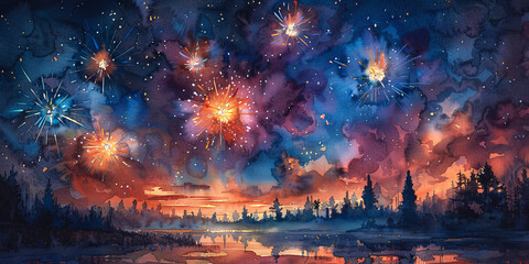 夜空に広がる花火の水彩画