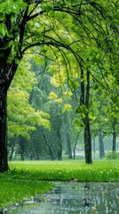 Naklejka premium Refreshing Rainy Day in the Park with Lush Greenery.