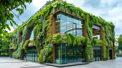 An eco-friendly building with a green roof and vertical gardens on the walls
