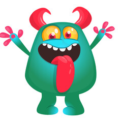 Fototapeta premium Cartoon happy monster with long tongue sticking out of the mouth. Vector illustration isolated on white. For Halloween party or package design