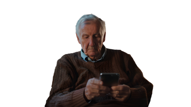 Concerned senior man looking at smartphone while sitting on sofa in living room