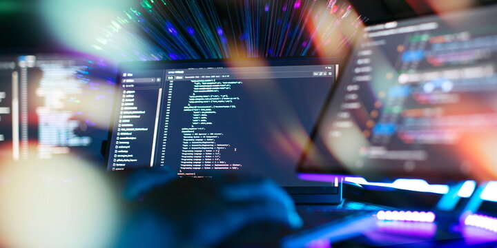 CSS, JavaScript and HTML usage. Monitor closeup of function source code. Abstract IT technology background. Software source code.