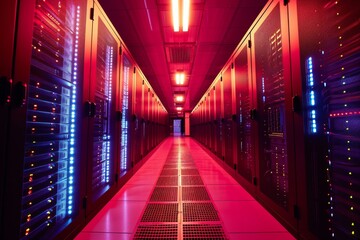 Supercomputer capable of advancing scientific research, An expansive room housing multiple server rows, AI generated