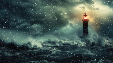 Fototapeta premium Beacon of Resilience, A Lighthouse Defiant in Stormy Seas and Pouring Rain.