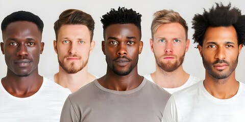Fototapeta premium Studio portrait of four confident men with diverse skin tones showing unity. Concept Portrait Photography, Diversity Representation, Unity in Portraits, Men's Group Session, Studio Photoshoot