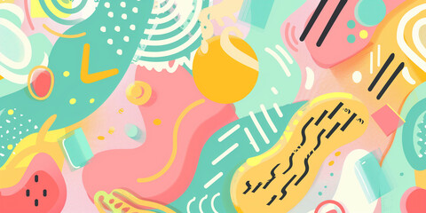 Colorful flat vector background with abstract shapes and patterns in pink, yellow, green, and turquoise colors. Vector illustration of a pop art design for a web banner or poster.