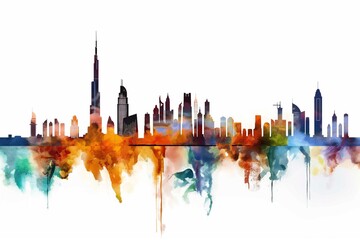 Watercolor skyline of Dubai featuring vibrant colors and iconic skyscrapers.