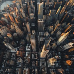 Aerial view of New York City's dense skyscrapers during golden hour. Ideal for urban photography and city lovers.