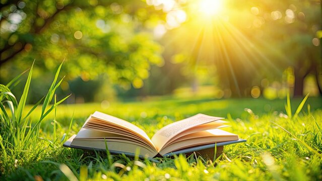 A book lying on green grass in a sunny garden setting, Book, grass, outdoor, nature, relaxation, reading, leisure, education