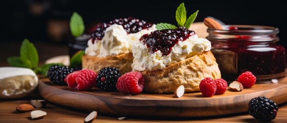 Close-up of fresh scones topped with whipped cream and berry jam, served with raspberries, blackberries, and mint leaves on a wooden board.