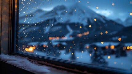 A cozy mountain village view through a snowy window with warm lights creating a serene and picturesque winter scene.
