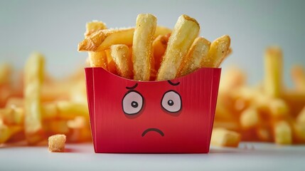Cute emoticon French fries in red carton box with sad face, surrounded by more fries. Funny, playful, whimsical food imagery.