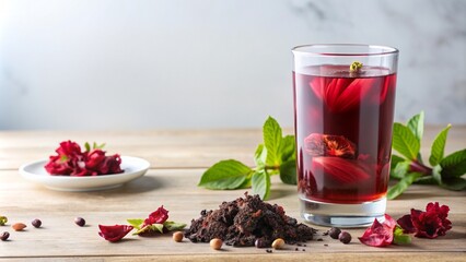 Refreshing hibiscus tea in a glass with dried hibiscus flowers and leaves on a wooden table
