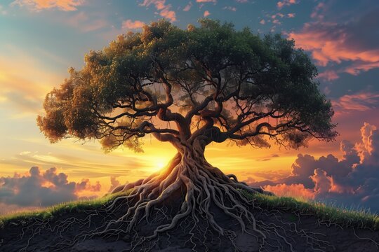 Ancient Tree with Deep Roots Vector illustration of a majestic ancient tree with sprawling roots deep into the earth, symbolizing resilience and enduring strength.