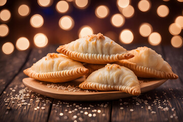 sweet gujiya on the wooden table with diwali blurred bokeh lights background. gujiya made of suji, ghee stuffed with mawa, khoya