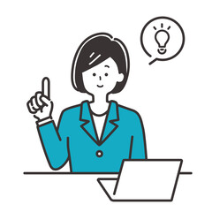 デスクでポイントを指差しで説明をするビジネスパーソン（スーツの女性）のイラスト素材