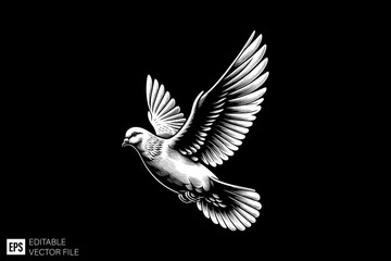 Fototapeta premium Pigeon flying illustration black and white silhouette graphic clip art vector design