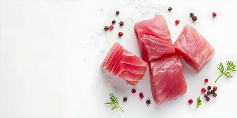 Minimalist top view of raw tuna with Himalayan salt and pink peppercorns. Concept Food Photography, Raw Tuna, Top View, Minimalist Style, Culinary Presentation