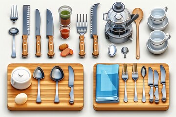 Illustration style brief in 3D vectors of a collection of kitchen utensils, including a knife, fork, spoon, and plate, with gradient mesh, realistic highlights, and bold colors, white background, 3D