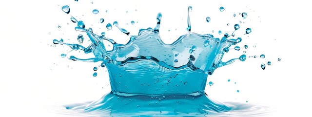  Blue liquid splashes, creating wave on white background; droplet detaches