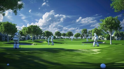 Obraz premium A futuristic golf course with robotic caddies and virtual reality training