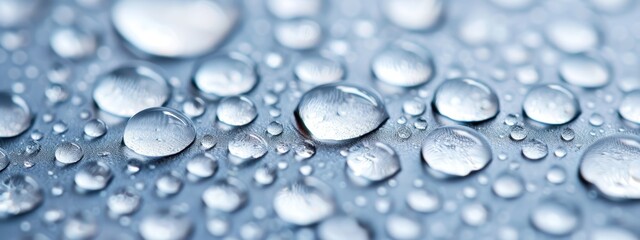  A tight shot of water droplets on a blue paper's surface, their reflections mirrored in the sheet