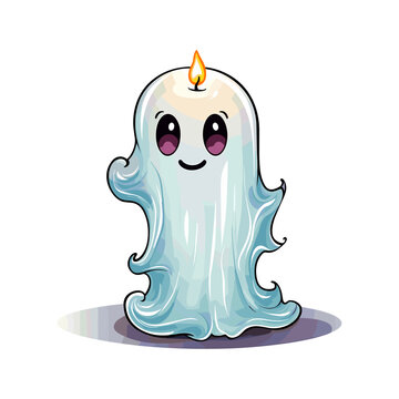 really cute ghost in clip art drawn like a child holding a bright candle in a white background sticker vector