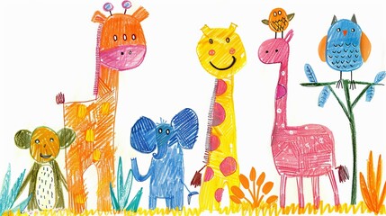 Child's Crayon Drawing of Jungle Animals