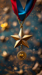 Gold Star Medal Trophy Concept: Symbolizing Honor  Rewards in Photo Realistic Whimsical Background   Ideal for Graphic Design and Text Placement in Adobe Stock Photo Collection