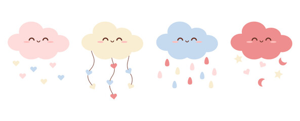 Cute nursery baby boho cloud character kids with rain drop printable sticker wall decor illustration
