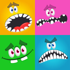 Cartoon monsters and aliens faces set with funny expressions and opened mouth blank space for text. Great for package design or party decoration. Vector isolated