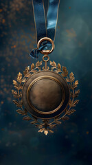 Fototapeta premium Golden Medal with Ribbon and Trophy on Whimsical Background for Creative Projects Photo Stock Concept