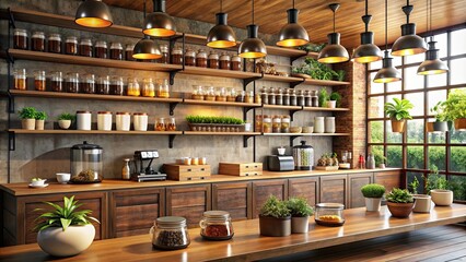 A cozy coffee shop with various blends of coffee and tea on display, cozy, coffee shop, blends, beverages, display, cafe