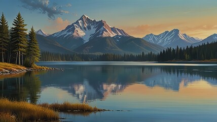 A painting of a mountain lake with a mountain