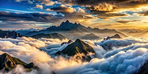 Fototapeta premium A stunning landscape of clouds surrounding majestic mountains, clouds, mountains, scenic, sky, beauty, nature, panoramic