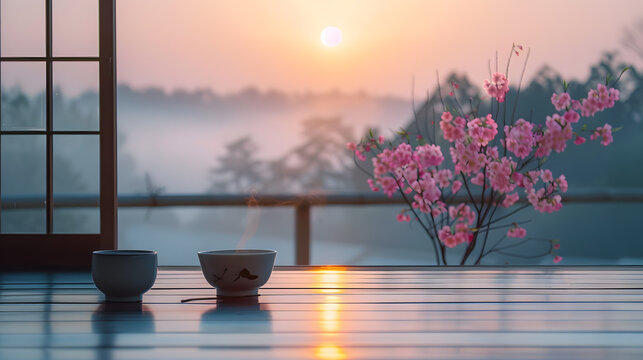 Tasse devant un paysage brumenx au lever du soleil