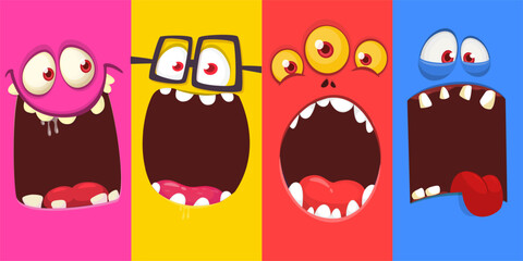 Cartoon monsters and aliens faces set with funny expressions and opened mouth blank space for text. Great for package design or party decoration. Vector isolated © drawkman