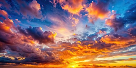 Obraz premium A beautiful sunset sky with vibrant colors and fluffy clouds, sunset, sky, clouds, colorful, nature, weather, outdoor, atmosphere