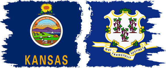 Connecticut and Kansas states grunge brush flags connection, vector