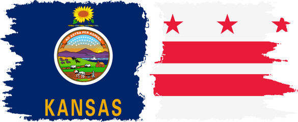 District of Columbia USA - Washington, DC and Kansas state grunge brush flags connection, vector