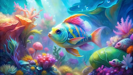 Fototapeta premium Colorful fish swimming in a coral reef,digital, illustration, watercolor